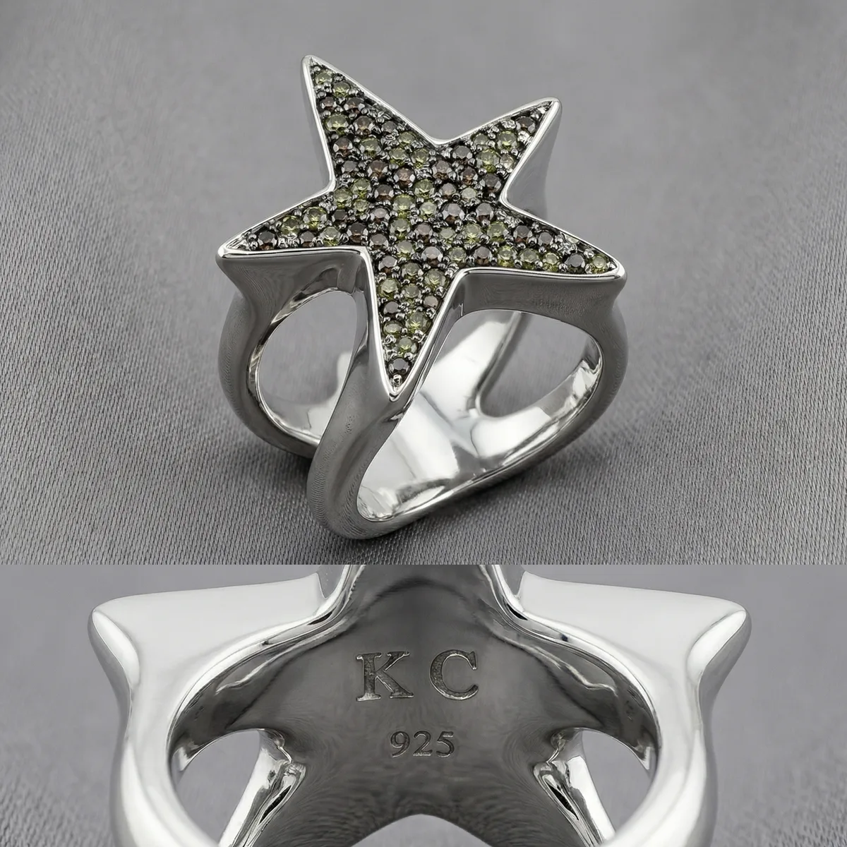 Silberner Sternring mit Pavé-Besatz, darunter die Innenseite mit KC-Gravur und 925-Punze